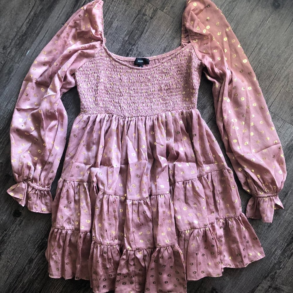 AEOM ASOS Babydoll Dress Maternity Bump Friendly Mauve Pink Gold